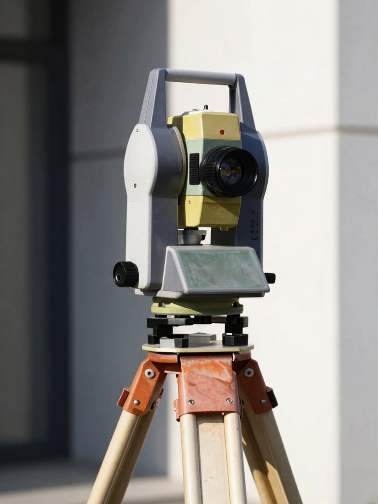 A high-precision modern electronic total station surveying instrument on a tripod, sharp metallic details, crisp morning light, architectural lines in background, high contrast.
