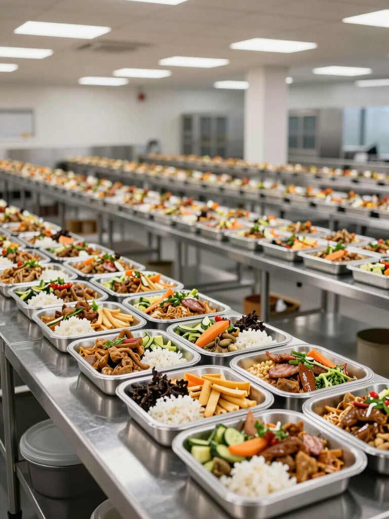 Wide panoramic view of a large-scale commercial catering dispatch area, rows of labeled meal trays staged for corporate delivery, stainless steel counters, bright even fluorescent lighting, no staff faces