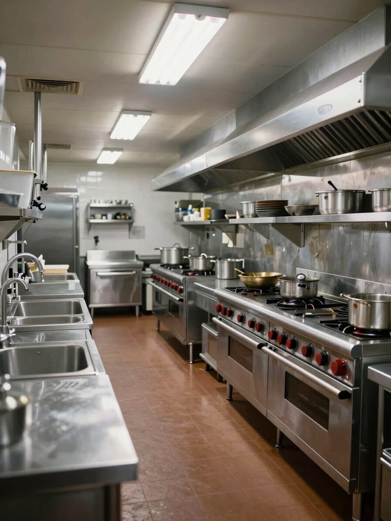 Wide environmental shot of a stainless steel commercial kitchen zone, overhead fluorescent lighting revealing clean surfaces and organized equipment rows, no people visible, institutional clarity