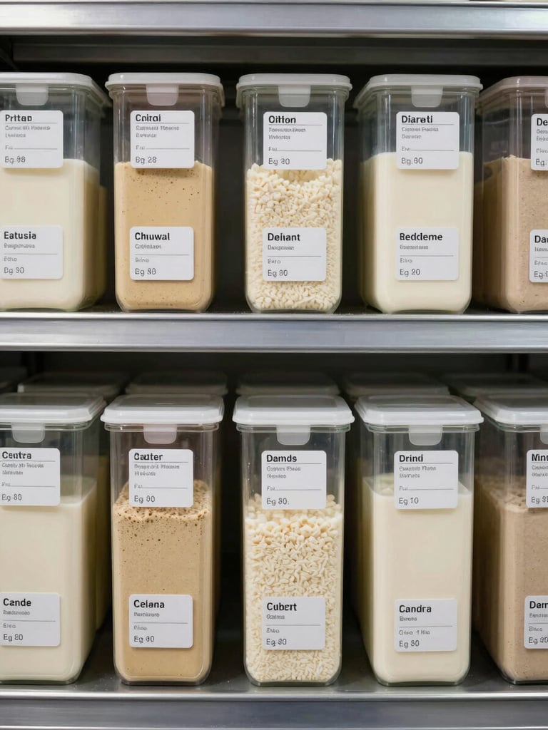 Close-up overhead view of labeled ingredient containers arranged in organized rows on stainless steel shelving, bright even studio lighting, date stamps and category labels clearly visible, no shadows