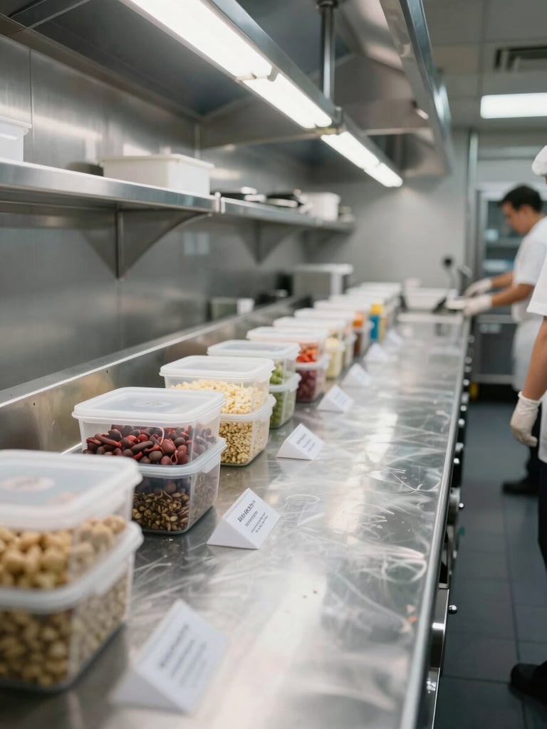 Wide environmental shot of a stainless steel commercial kitchen prep floor, overhead fluorescent lighting revealing clean surfaces, labeled ingredient containers in foreground, gloved workers partially visible at stations to the far right, institutional clarity