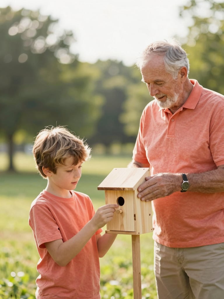An older mentor and young boy building a wooden birdhouse outdoors in a green Ohio park, bright soft daylight.