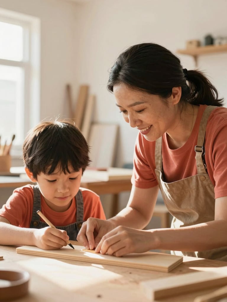 A mentor and a young person working together on a wooden craft project in a brightly lit community workshop, warm natural light, authentic smiles, close-up environmental shot.