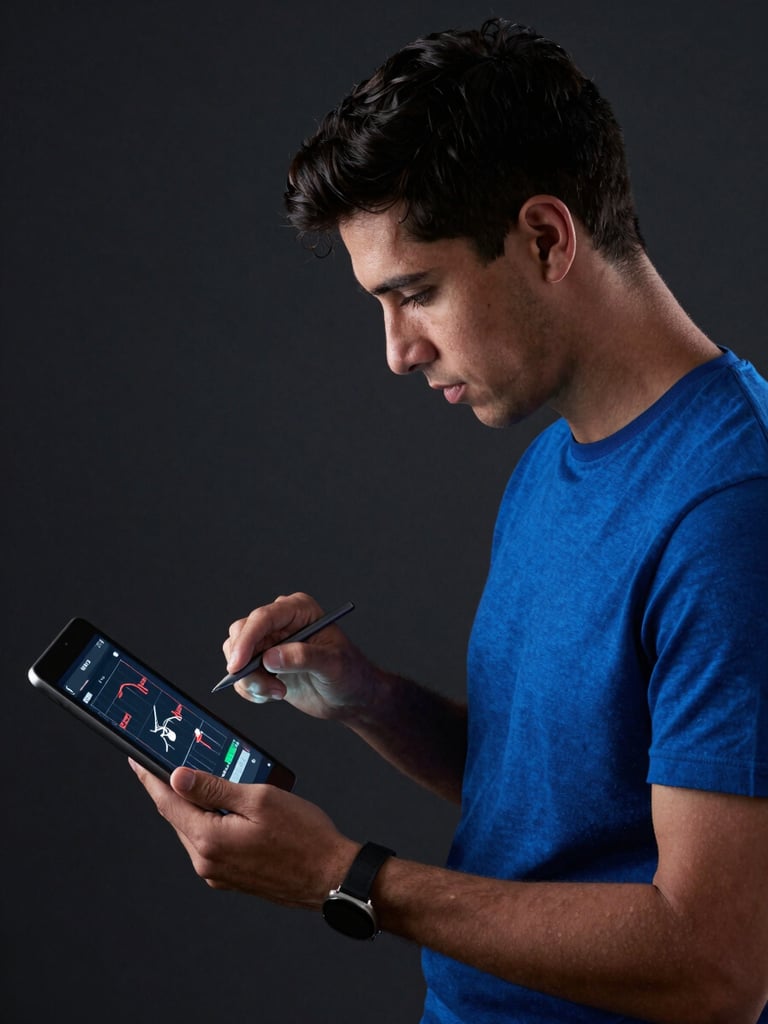 Medium-close shot of Leandro Jr. in a dark studio, analyzing performance graphs on a tablet with an expert, dramatic blue side lighting.