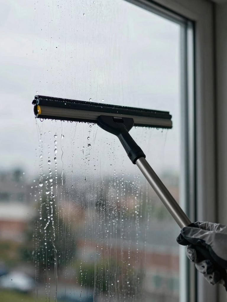 Close-up medium shot of a squeegee blade drawing clean water off a large residential window pane, natural overcast daylight, wet glass surface reflecting the sky, technician's gloved hand visible at the edge