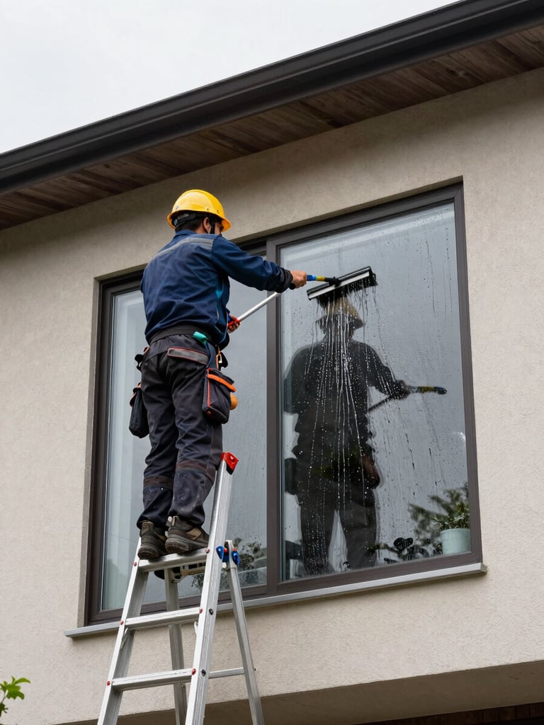 Wide environmental shot of a window cleaning technician on a ladder against a two-story home exterior, squeegee pressed against glass, water running down the pane, overcast daylight, wet surface detail visible, no people posing