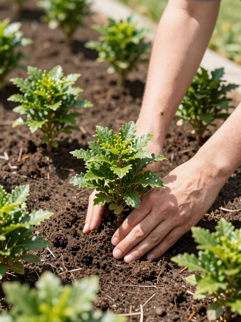 Close-up of hands planting a small shrub in a clean garden bed, bright morning sunlight, focus on hands and soil, 35mm