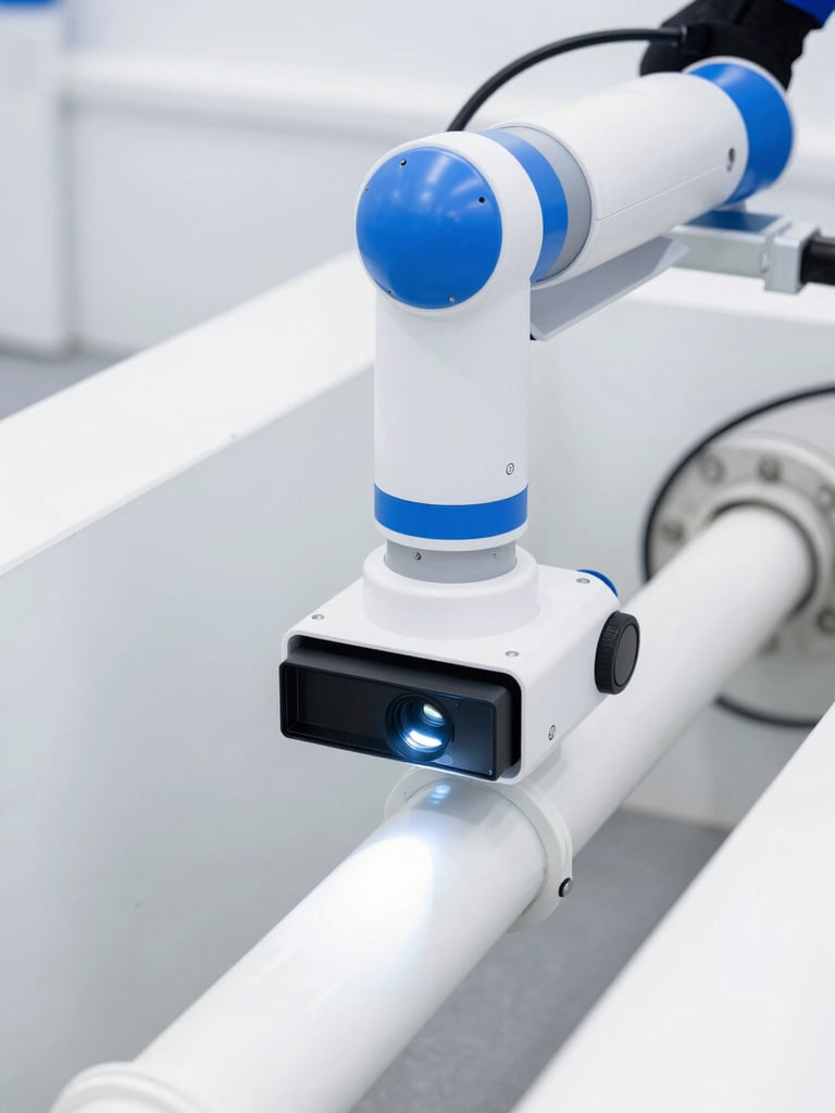 Close-up of a modern robotic sewer camera being inserted into a clean pipe by a technician, high-tech diagnostic equipment, bright white light, 35mm