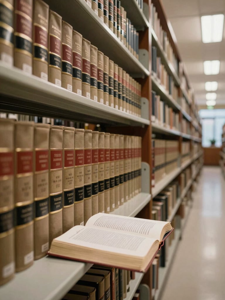 Wide environmental shot of a law library corridor, dense rows of legal code volumes spine-out under direct overhead office lighting, a single open statute book on a reading ledge in the foreground, crisp and forensic