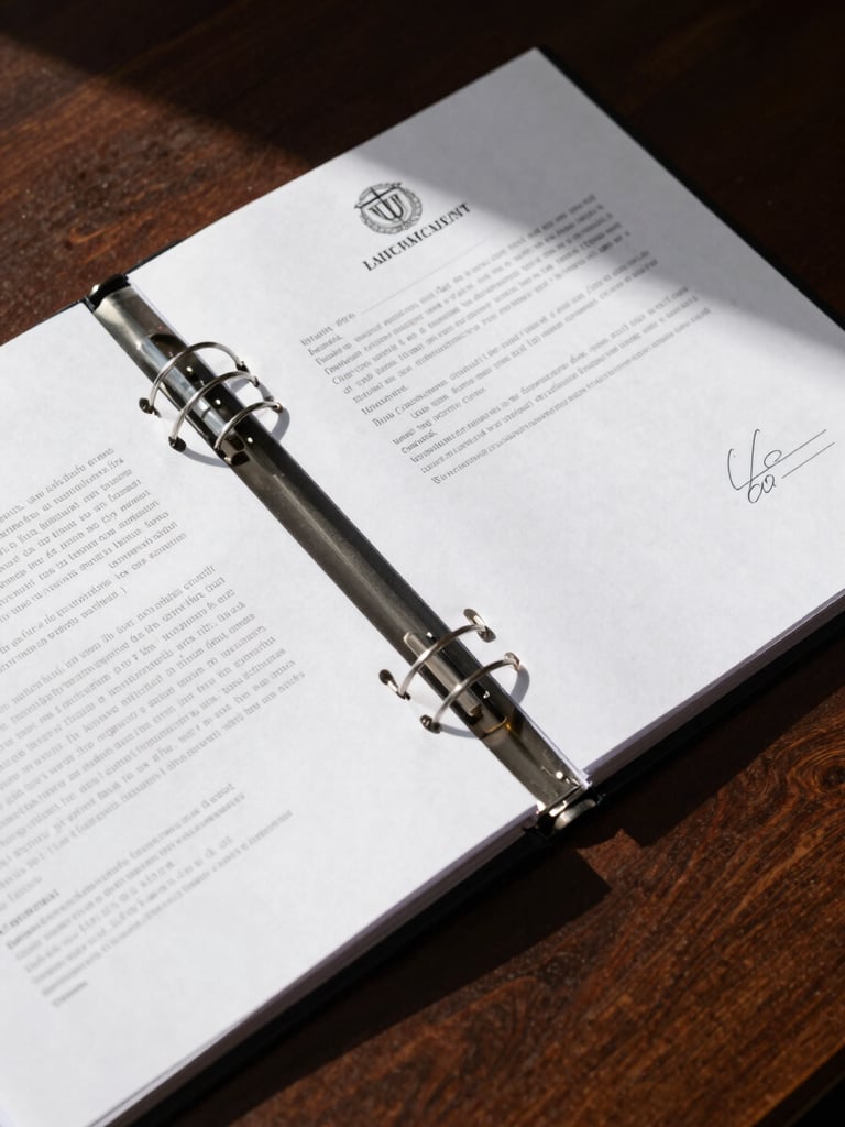 Overhead close-up of open legal case binders on a dark wooden desk, stamped court documents visible, direct studio lighting casting sharp shadows, no hands or people, forensic clarity