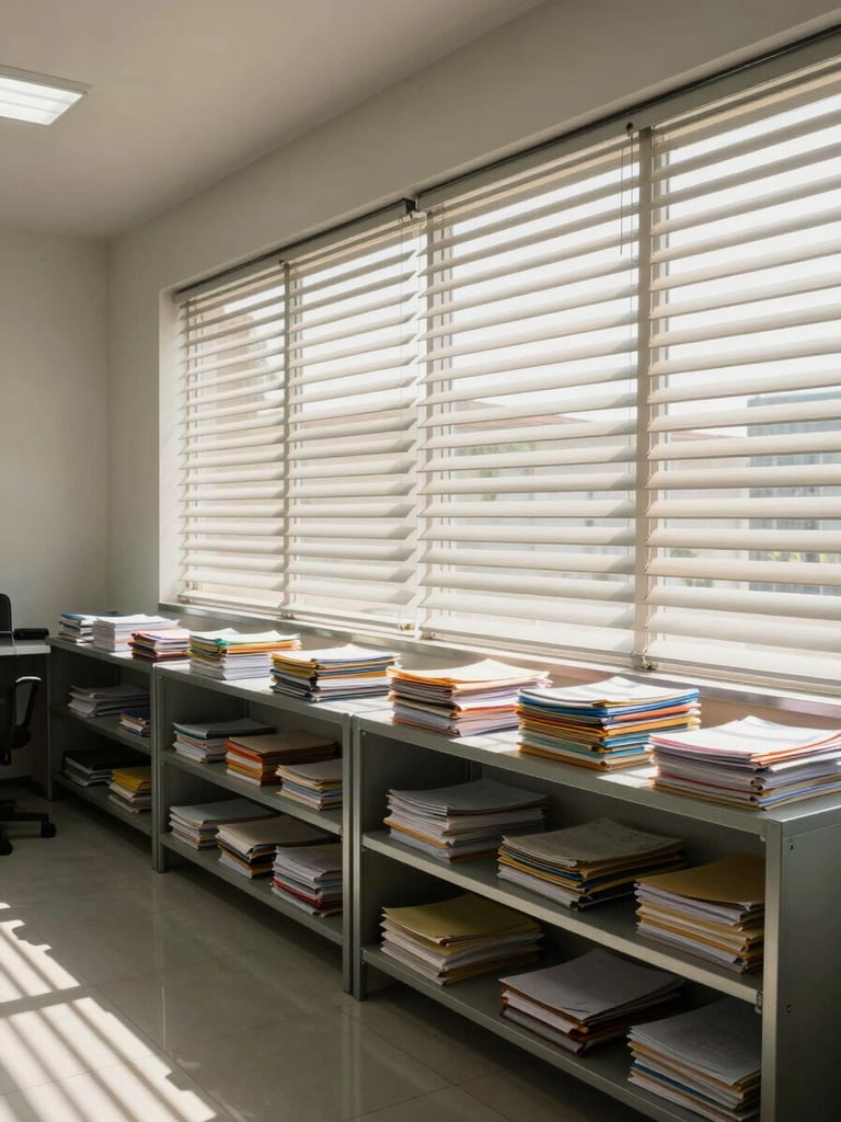 Wide environmental shot of a Colombian law office interior in Montería, afternoon daylight through venetian blinds casting parallel lines across stacked case folders on metal shelving, no people, hard directional light, clean institutional space