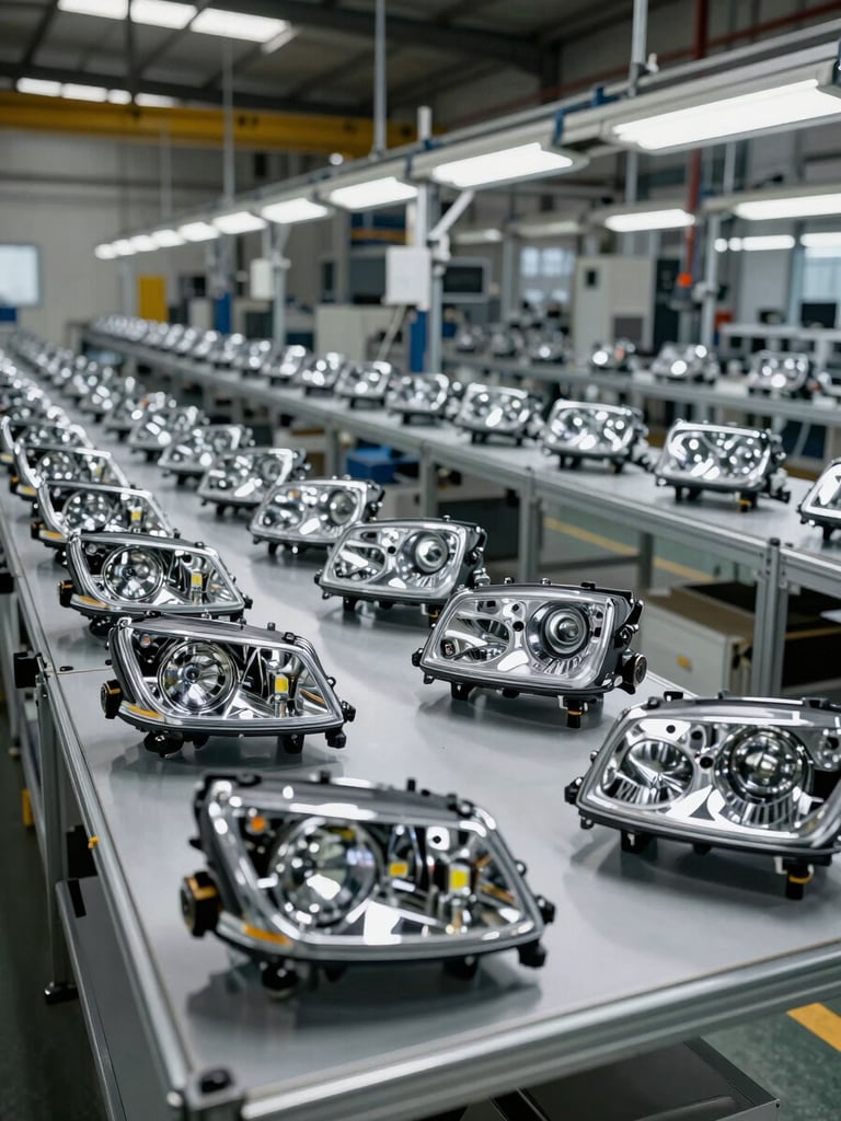 Wide factory floor shot of completed LED automotive headlamp modules staged in QC inspection rows on metal shelving under hard side-lighting, industrial steel environment, no people, precise geometry visible