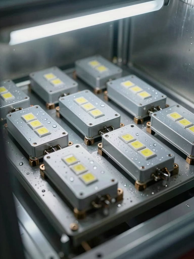 Close-up overhead shot of LED automotive modules arranged in a salt-spray test chamber, metal brackets and water droplets visible on component surfaces under even fluorescent light, industrial steel walls in background