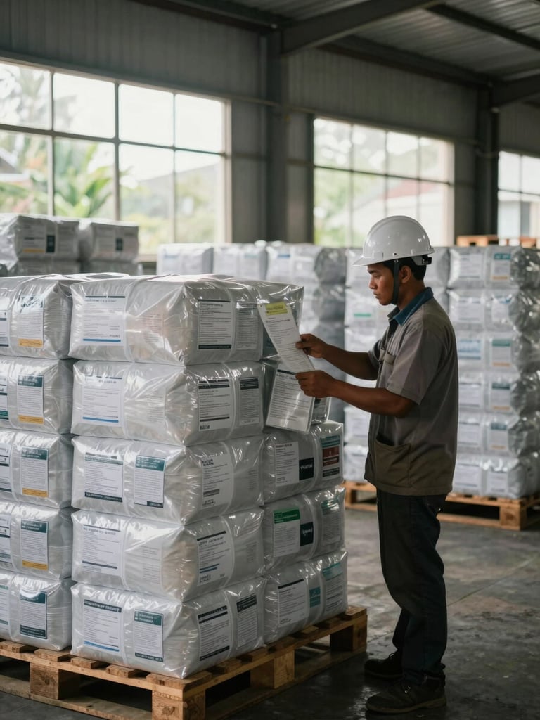Close documentary shot inside an Indonesian warehouse, a worker in a hard hat examining packaged export goods stacked on pallets under diffused natural daylight filtering through high windows, product labels visible, no faces looking at camera