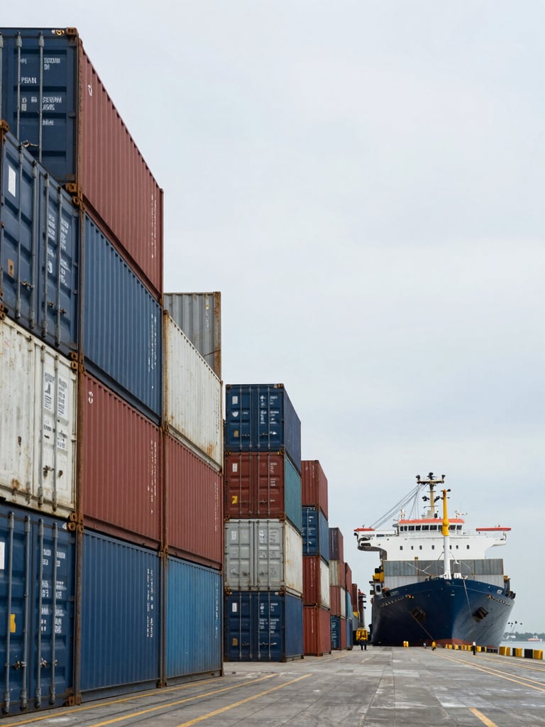 Wide shot of a working Indonesian port at overcast midday, rows of stacked shipping containers in the left foreground, a cargo vessel being loaded at the dock in the right distance, crane arms visible against pale sky, no people foregrounded