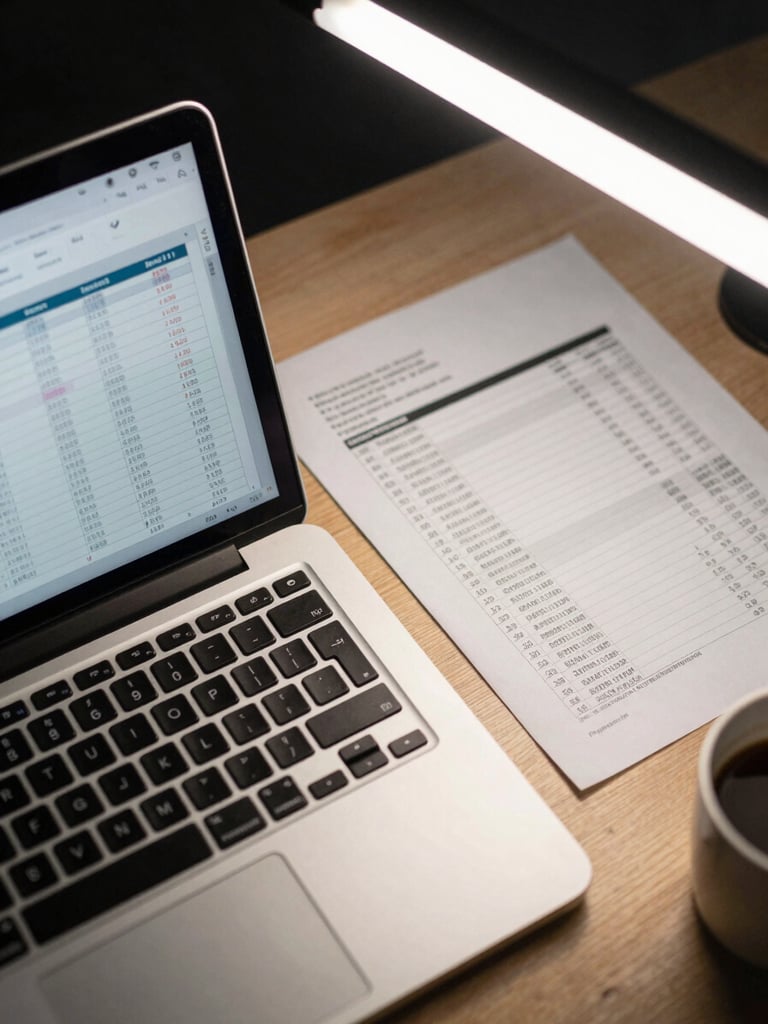 Close-up overhead view of a desk with an open laptop showing accounting ledger columns and monthly summary figures, a printed report beside it, overhead fluorescent office lighting, coffee cup at edge of frame