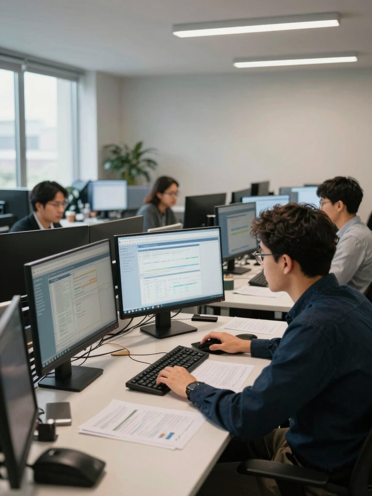 Wide shot of a corporate office finance team at desks, multiple monitors displaying ERP dashboard data mid-workflow, overhead fluorescent lighting, natural window light on the left side, keyboards and printed reports visible on desks, no posed subjects