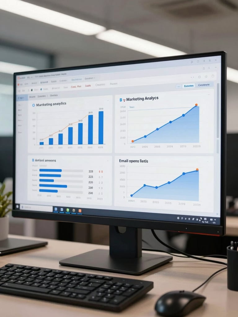 Marketing analytics dashboard on a large monitor showing campaign performance charts, cost-per-lead metrics, and email open rate graphs in a corporate office setting, overhead fluorescent lighting, keyboard and mouse in foreground