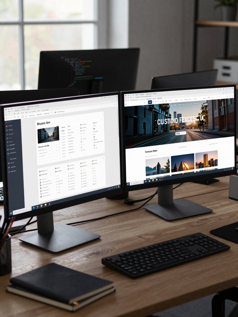 Web development workstation wide shot, two monitors showing a CMS admin panel and live website preview side by side, code editor open in background, natural window light, desk organized with notebooks and keyboard visible