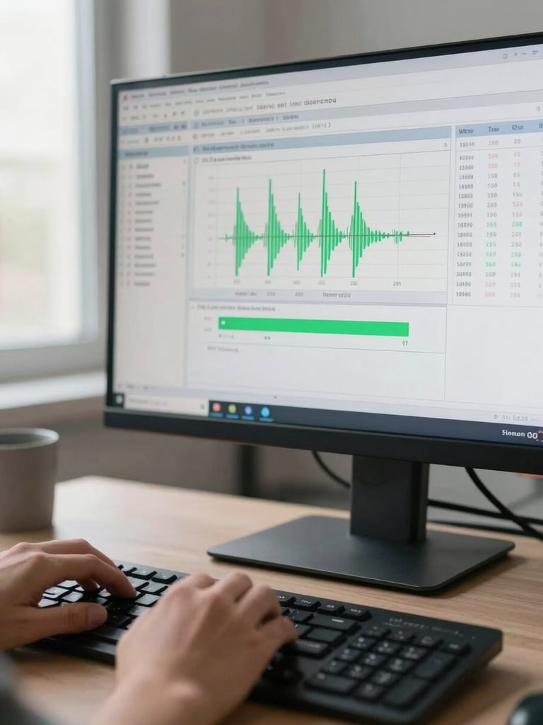 Close-up of a monitor showing an ERP accounting dashboard with live data tables and charts, a hand resting on a keyboard in the foreground, natural window light from the left, clean office desk surface visible, no people posing