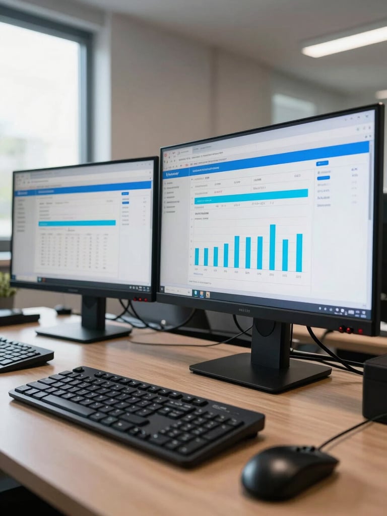 Wide-angle shot of a finance team's office, two monitors displaying an ERP dashboard with inventory and revenue charts in blue and cyan, natural window light from the left, keyboard and mouse in foreground, data clearly legible on screen