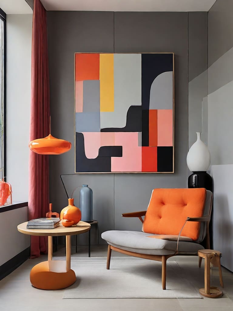 Detalhe de sala de estar com tapete cinza, poltrona moderna e estante iluminada.