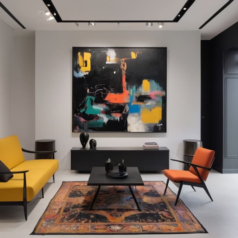 Sala elegante com mesa preta e cadeiras em tons coloridos