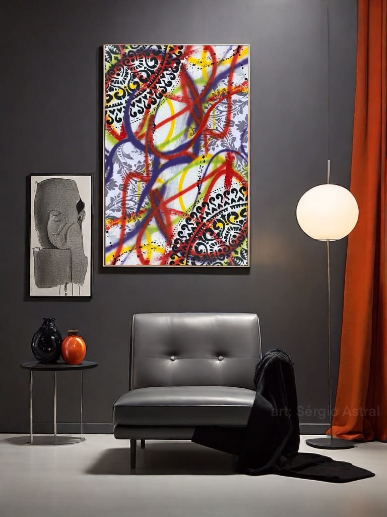 Pintura com móveis modernos em tons de cinza e plantas decorativas.