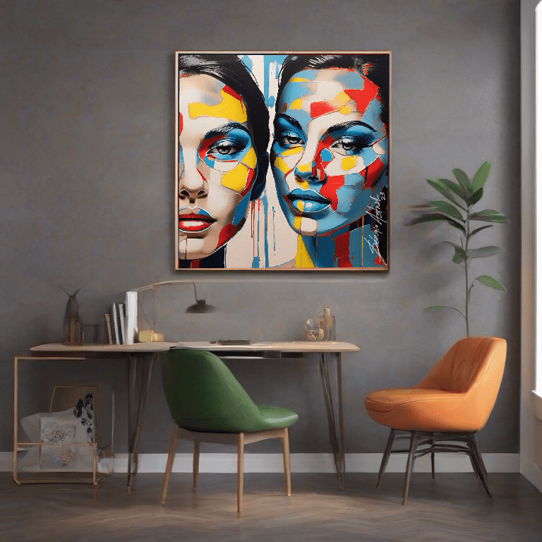 Quadro na parede da sala com design pop-art, criando um ponto focal visualmente cativante