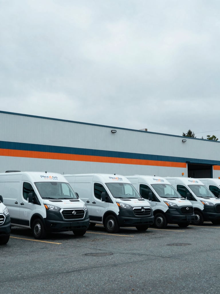 Wide environmental shot of Plexxus Group LLC's commercial fleet vehicles parked at a modern industrial facility in Seattle, under an overcast sky, cool tones, 35mm.