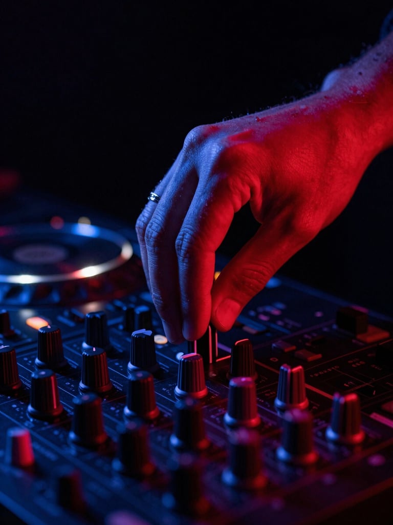 Close-up of DJ hand adjusting a large metallic knob on a mixing console, dramatic red and blue gel lighting, high contrast, moody studio atmosphere