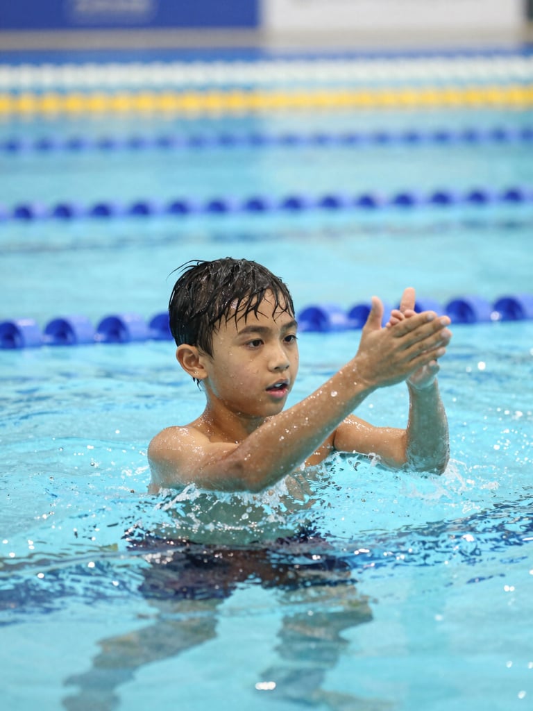 Pelatih renang berinteraksi dengan ramah bersama anak usia 7 tahun di tepi kolam, menjelaskan teknik dengan gestur tangan yang jelas, pencahayaan alami, close-up.