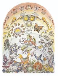 a painting of a window with a bird in the middle