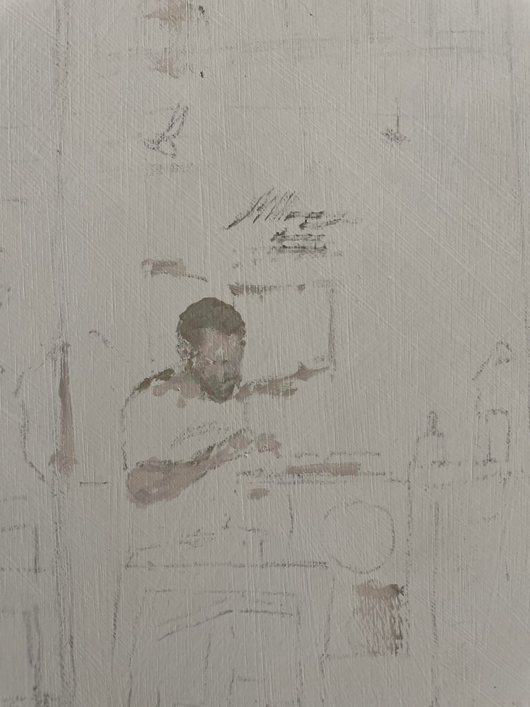 Minimalist oil painting of a luthier on textured white canvas.