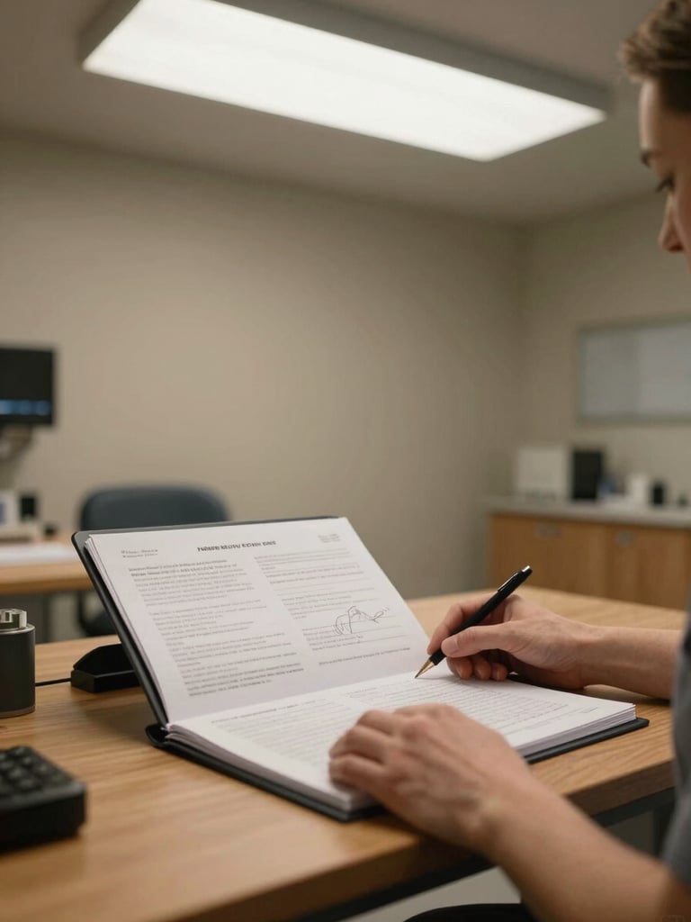 Wide clinical consultation room interior, overhead natural daylight, a practitioner's hands resting on a wooden desk beside assessment documentation folders, muted ochre and charcoal tones, functional environment