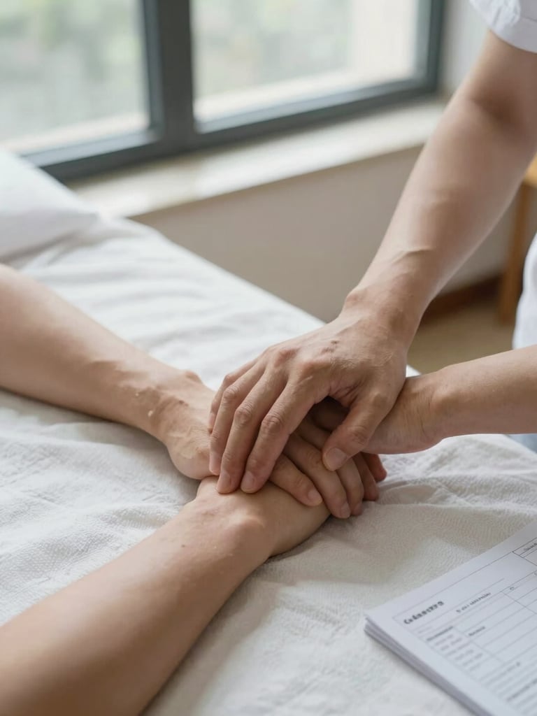 Close-up of a practitioner's hands performing diagnostic palpation on a patient's wrist, clinical daylight from a north-facing window, sterile white linen on the assessment table, a written protocol chart visible at the edge of the frame, no faces visible
