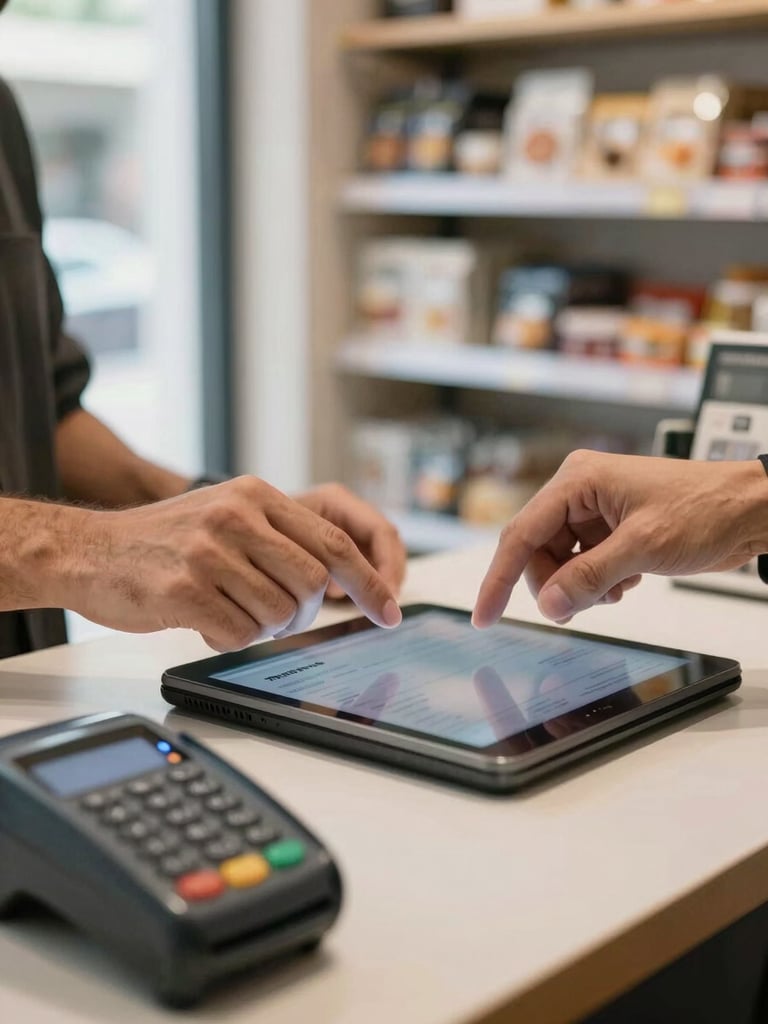 Close-up of a merchant's hands at a shop counter processing an order on a tablet, natural daylight from a side window, credit card reader visible, product shelves blurred in background