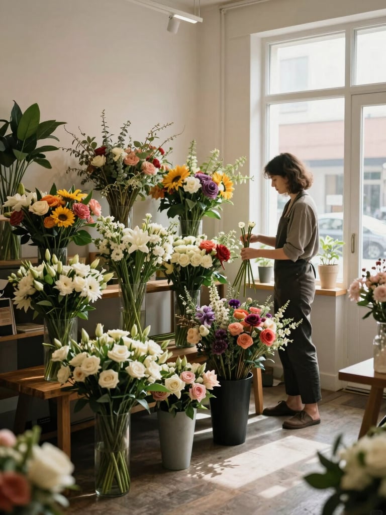 Wide shot of a small independent florist shop interior mid-morning, bouquets arranged on a wooden bench, owner trimming stems under soft north-facing window light, no lifestyle gloss