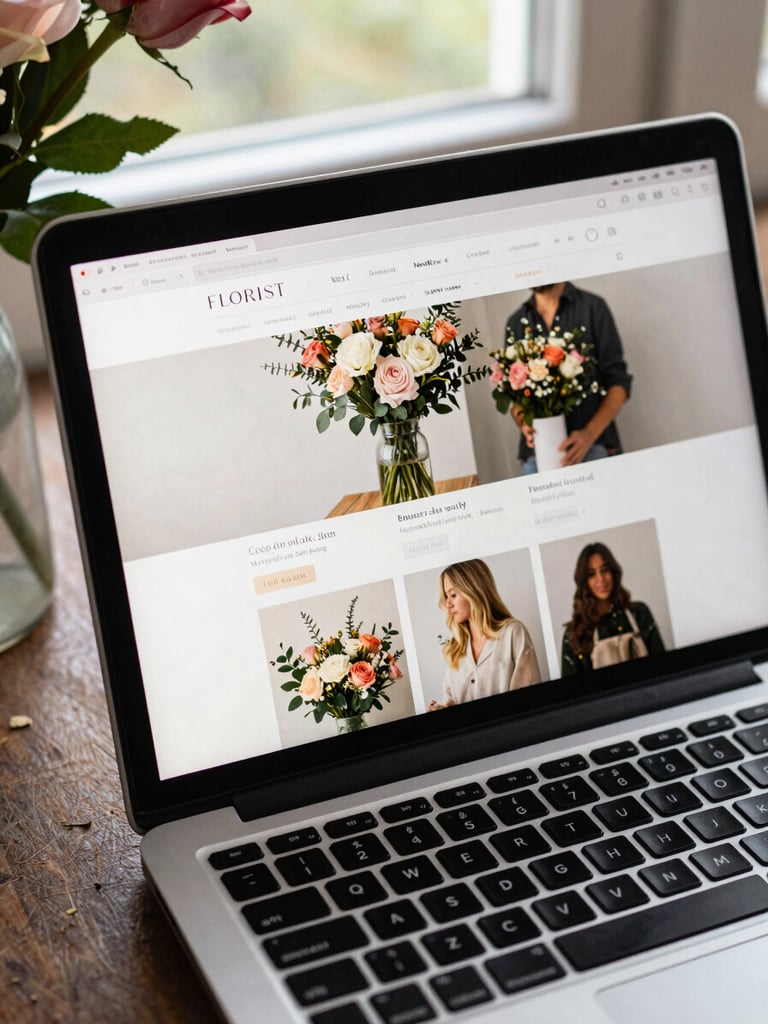 Close-up overhead flat-lay of a laptop screen displaying a clean e-commerce product page for a florist shop, natural daylight from a north-facing window, fresh flowers partially visible at the edge of the frame