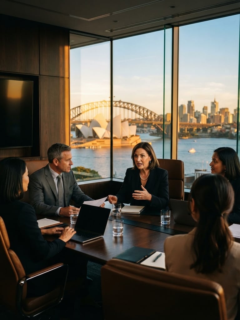 Cinematic medium close-up of a high-end executive boardroom in Sydney, dramatic golden hour light streaming through windows, rich high-contrast tones, 35mm film style