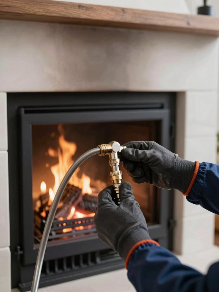 Technician's gloved hands connecting a flexible stainless gas line to a ventless gas log burner inside an open masonry firebox, close-up framing showing the fitting detail under overcast natural light from the room