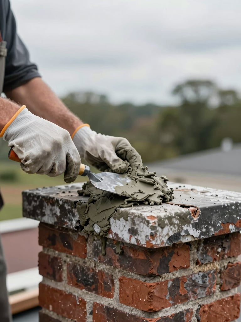 Close-up of a mason's gloved hands pressing fresh mortar into a cracked chimney crown on a rooftop, natural overcast South Carolina daylight, trowel and grey mortar visible mid-application, worn brick surround in background
