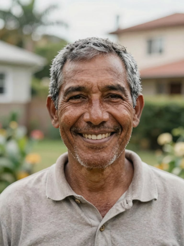 Close-up portrait of a local community leader smiling warmly in a sunlit neighborhood garden, soft natural background, shallow depth of field