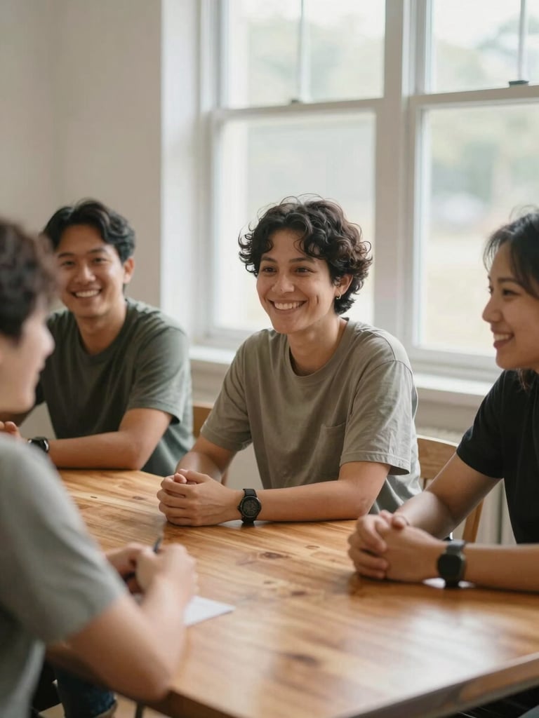A warm, natural portrait of community organizers collaborating around a wooden table, soft window light, authentic smiles, shallow depth of field