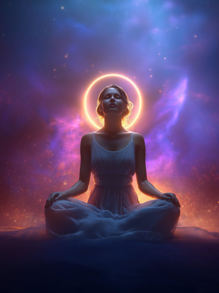 une femme assise en position de méditation ressent les vibrations qui l'entourent