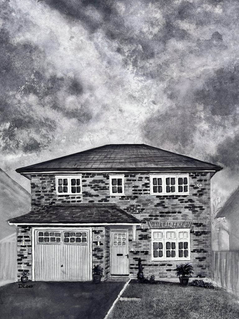 Watercolour of a modern house with a cloudy sky