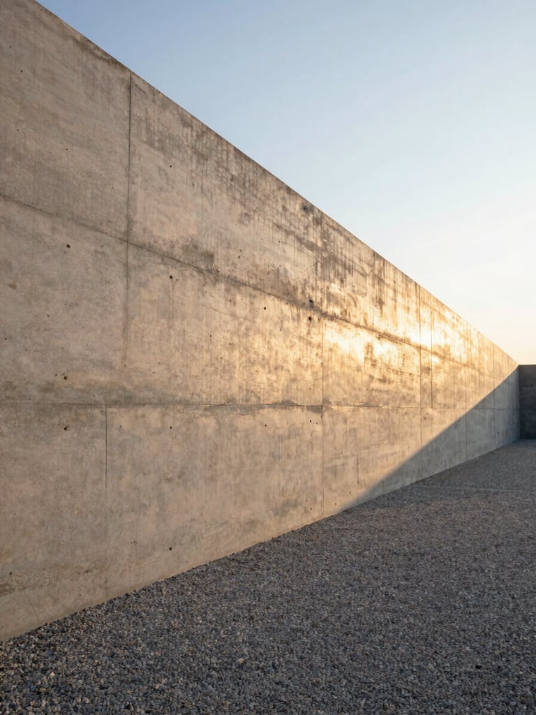 Low-angle golden hour sunlight highlighting the linear texture of a board-formed concrete retaining wall, clean architectural lines framing a minimalist gravel path, sharp shadows.