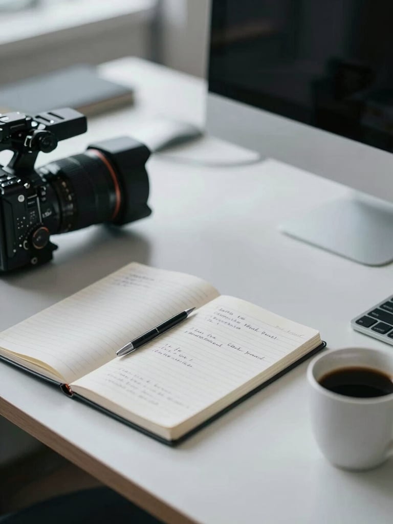 A close-up documentary shot of a modern newsroom desk, a notebook with handwritten notes, a professional camera lens, and a cup of black coffee, cool desaturated tones, natural overcast light
