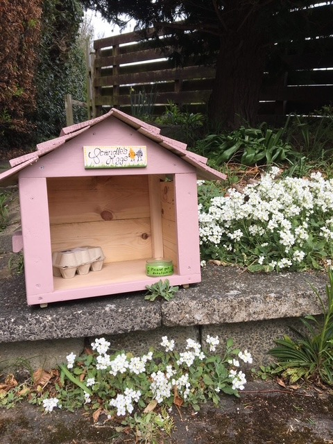 a small wooden egg box storage hut
