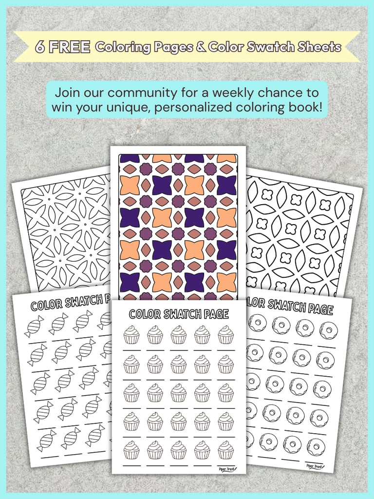 promo for weekly prize of a coloring book, 6 abstract coloring pages & sweet color swatch sheets